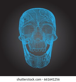 Skull Human, Scary, Locally Deformed in Blue Lines on the Dark background, front view, geometric polygons cranium line art. Vector Illustration
