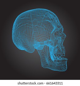Skull Human, Scary, Locally Deformed in Blue Lines on the Dark background, front view, geometric polygons cranium line art. Vector Illustration