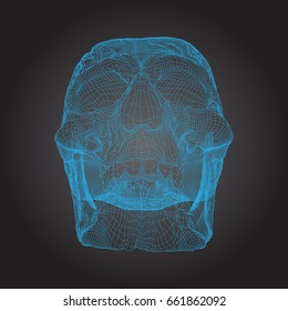 Skull Human, Scary, Locally Deformed in Blue Lines on the Dark background, front view, geometric polygons cranium line art. Vector Illustration
