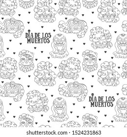 Skull of a human skeleton. Dia de los muertos. Black and white print. Seamless vector pattern (background). Cartoon print.