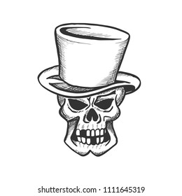 Skull of human skeleton sketch with Halloween monster. Evil dead head wearing vintage top hat with danger face isolated icon for tattoo or horror party decoration design