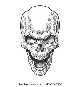 Skull human with a smile. Black vintage engraving vector illustration. For poster and tattoo biker club. Hand drawn design element isolated on white background