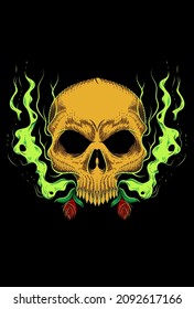 Skull human with smoke and flower vector illustration