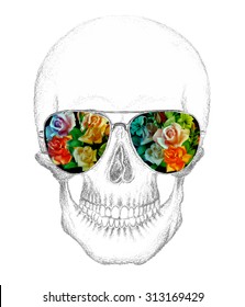 Skull of human with sunglasses. Flowers placed in eyeglasses.Pencil drawing.Hand drawn style.Vector illustration