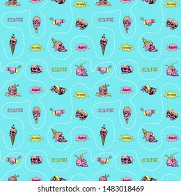 Skull, ice cream and circus attributes -  vector seamless pattern. Creepy, fun cartoon illustration.