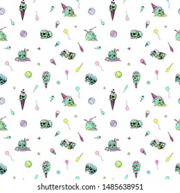 Skull, ice cream and circus attributes -  vector seamless pattern. Creepy, fun cartoon illustration.