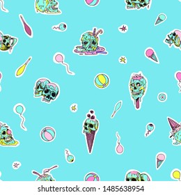 Skull, ice cream and circus attributes -  vector seamless pattern. Creepy, fun cartoon illustration.