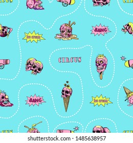 Skull, ice cream and circus attributes -  vector seamless pattern. Creepy, fun cartoon illustration.