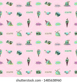 Skull, ice cream and circus attributes -  vector seamless pattern. Creepy, fun cartoon illustration.