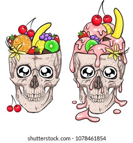 Skull and ice cream. Fruit.
