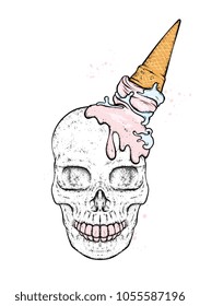 Skull with ice cream on his head. Vector illustration for a postcard or a poster, print for clothes.