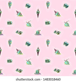 Skull, ice cream -  vector seamless pattern. Abstract web. Creepy, fun cartoon illustration.