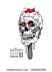 Skull ice lolly with cherry melts and flows. Creepy cartoon ice cream illustration for prints, t-shirts, Halloween or tattoo. Black, red and white.