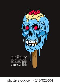 Skull ice lolly with red cherry melts and flows. Creepy cartoon blue ice cream illustration for prints, t-shirts, Halloween or tattoo. 