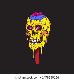 Skull ice lolly with red cherry melts and flows. Creepy cartoon blue ice cream illustration for prints, t-shirts, Halloween or tattoo.  