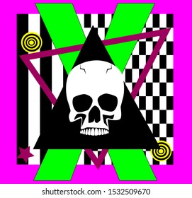 Skull icon background with black Triangle, neon letter X and Black and white mosaic