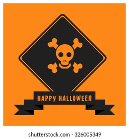 Skull Icon. Black Happy Halloween Ribbon Banner on Orange background. Vector illustration