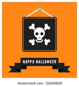 Skull icon. Black Happy Halloween Ribbon Banner on Orange background. Vector illustration