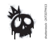 Skull icon with crown Spray Paint Graffiti Sprayed isolated on white background. oversprayed graffiti skull symbol in black on white.