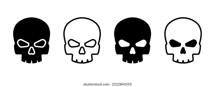 Skull icon. Death symbol. Skeleton vector illustration. Pirate skull logo. Horror sign. Human bone pictogram. Halloween decoration. Dead man isolated concept.