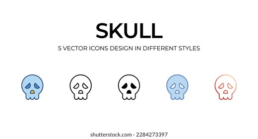 Skull Icon Design in Five style with Editable Stroke. Line, Solid, Flat Line, Duo Tone Color, and Color Gradient Line. Suitable for Web Page, Mobile App, UI, UX and GUI design.