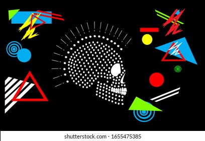Skull icon with dots Mohawk and geometric vector background 