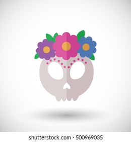 Skull icon. Flat design icon of skull with flowers - for Day of the Dead Dia de los Muertos or for Halloween. Vector illustration