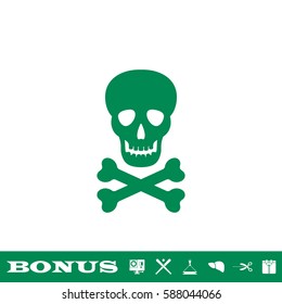 Skull icon flat. Green pictogram on white background. Vector illustration symbol and bonus button