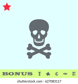 Skull icon flat. Grey pictogram on blue background. Vector illustration symbol and bonus buttons medal, cow, earth, eye, calculator