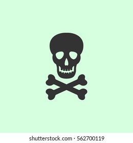 Skull icon flat. Grey vector symbol on green background