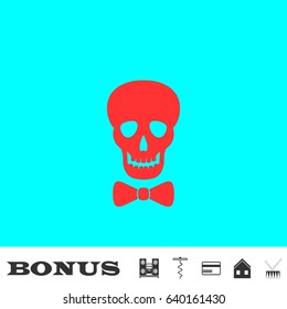 Skull icon flat. Red pictogram on blue background. Vector illustration symbol and bonus buttons Music center, corkscrew, credit card, house, drum