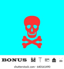 Skull icon flat. Red pictogram on blue background. Vector illustration symbol and bonus buttons Music center, corkscrew, credit card, house, drum