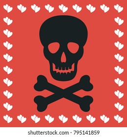Skull icon flat. Simple black pictogram on red background with white hearts for valentines day. Vector illustration symbol