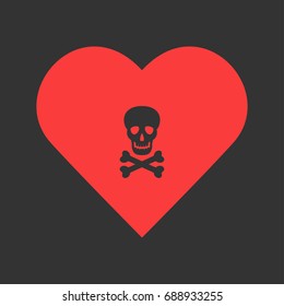Skull icon flat. Simple pictogram on heart background. Vector illustration symbol