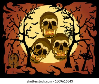 Skull icon in a forest on the Moonlight, with bats and grave, Halloween background
