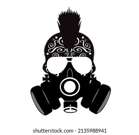 Skull icon with gas mask and mohawk, black and white vector illustration. 