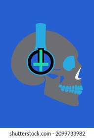 Skull icon with headphones, blue color. Communication side view vector.