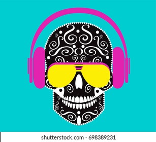 Skull icon with headphones and sunglasses vector 