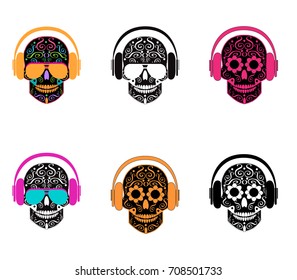 Skull icon with headphones and sunglasses vector 