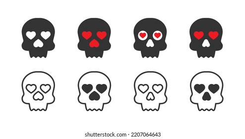 Skull icon with heart shapes. Skull in love ironic icon. Vector illustration.
