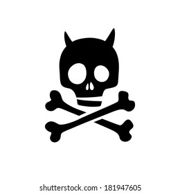 Skull icon isolated. Black skull with devil horns. 