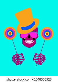 SKull icon with lollipops and cylinder hat 