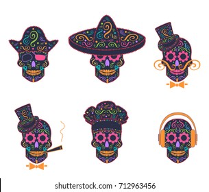 Skull icon Mexican with sombrero, pirate, gentlemen, with headphones and kitchen chef