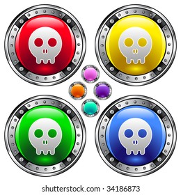 Skull icon on round colorful vector buttons suitable for use on websites, in print materials or in advertisements.  Set include red, yellow, green, and blue versions.