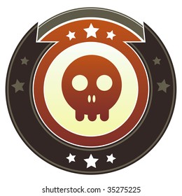 Skull icon on round red and brown imperial vector button with star accents suitable for use on website, in print and promotional materials, and for advertising.