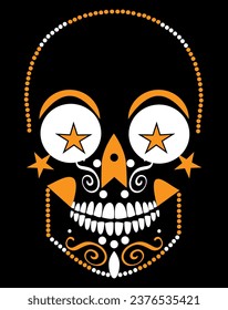 Skull icon orange color with stars and ornament details, vector illustration background