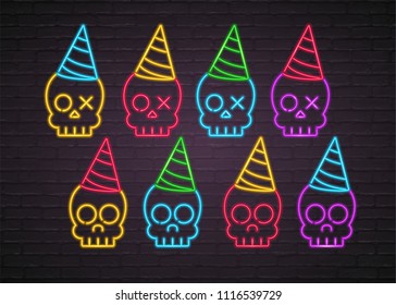 Skull Icon with Party Hat Set Neon Light Glowing Vector Illustration Bright