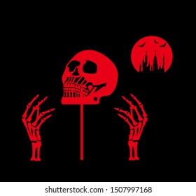 Skull icon red color with hands, moonlight, castle and bats. Happy Halloween background