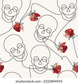 Skull icon, red rose flowers. Outline seamless vector pattern. Line continuous drawing. Hand drawn background illustration. Wallpaper print, fabric, wrapping paper, graphic design, card, brochure.