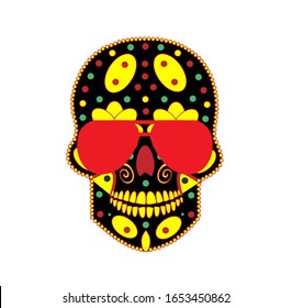 Skull icon with red sunglasses and flowers eyes